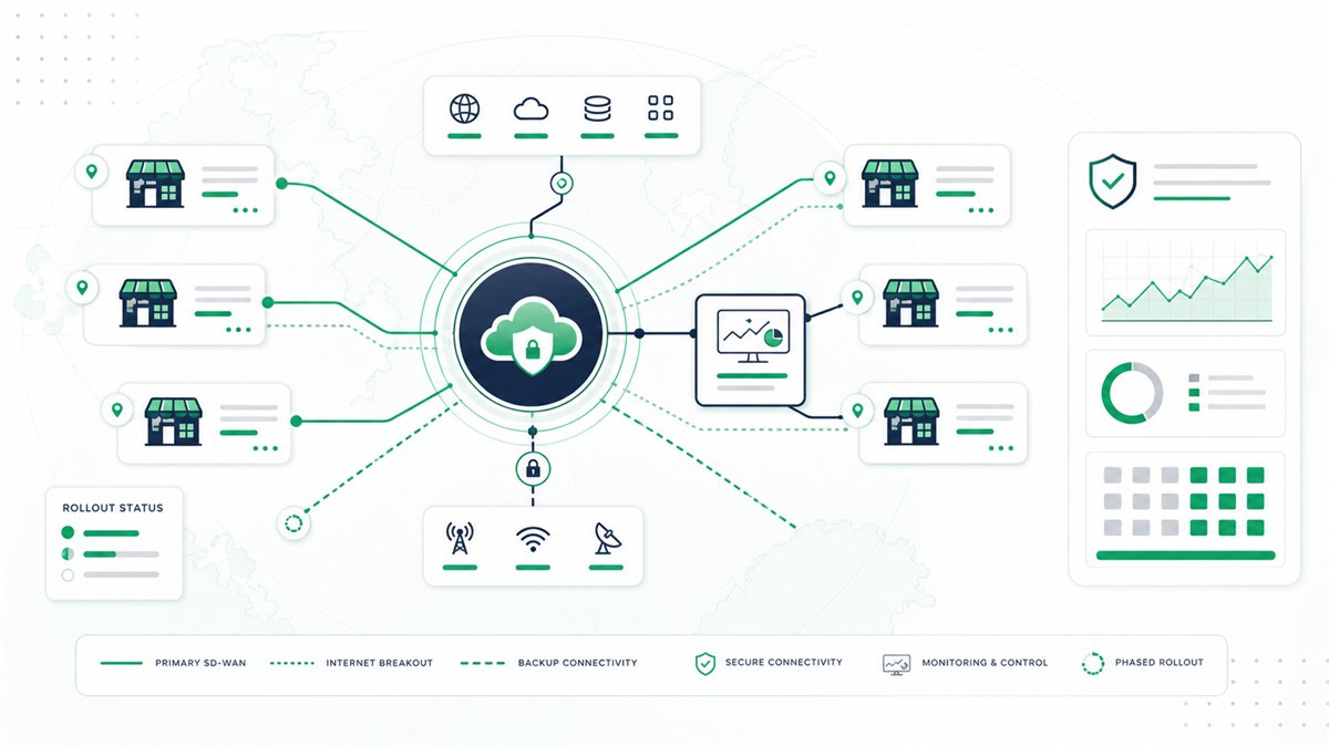 Schema tecnico di una rete SD-WAN multi-sede con monitoraggio centralizzato